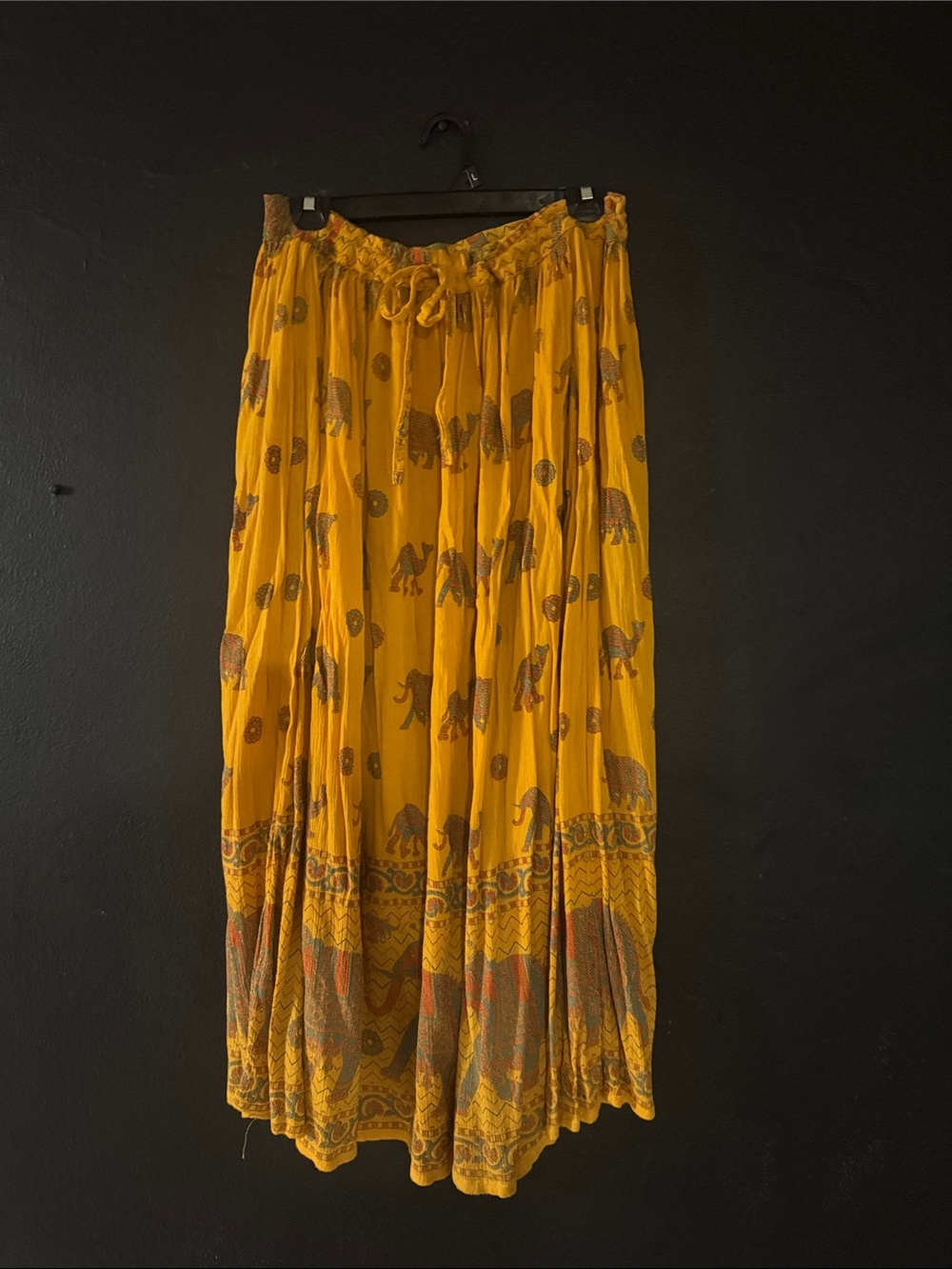 Boho Yellow Elephant-Print Maxi Skirt with Drawstring Waist